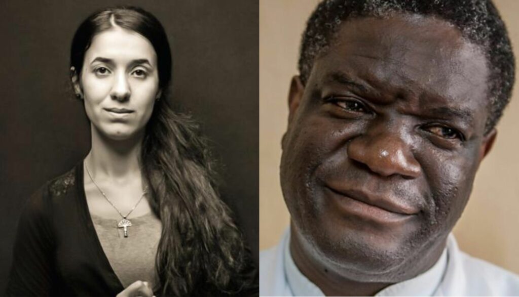 Mosaico con retratos de los Premios Nóbel de la Paz: Nadia Murad y Dennis Mukwege.