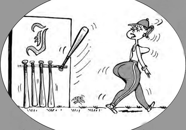 Caricatura: un bate de béisbol reacciona como "un pene" al paso de una mujer. Se ve el logotipo del equipo "Industriales".