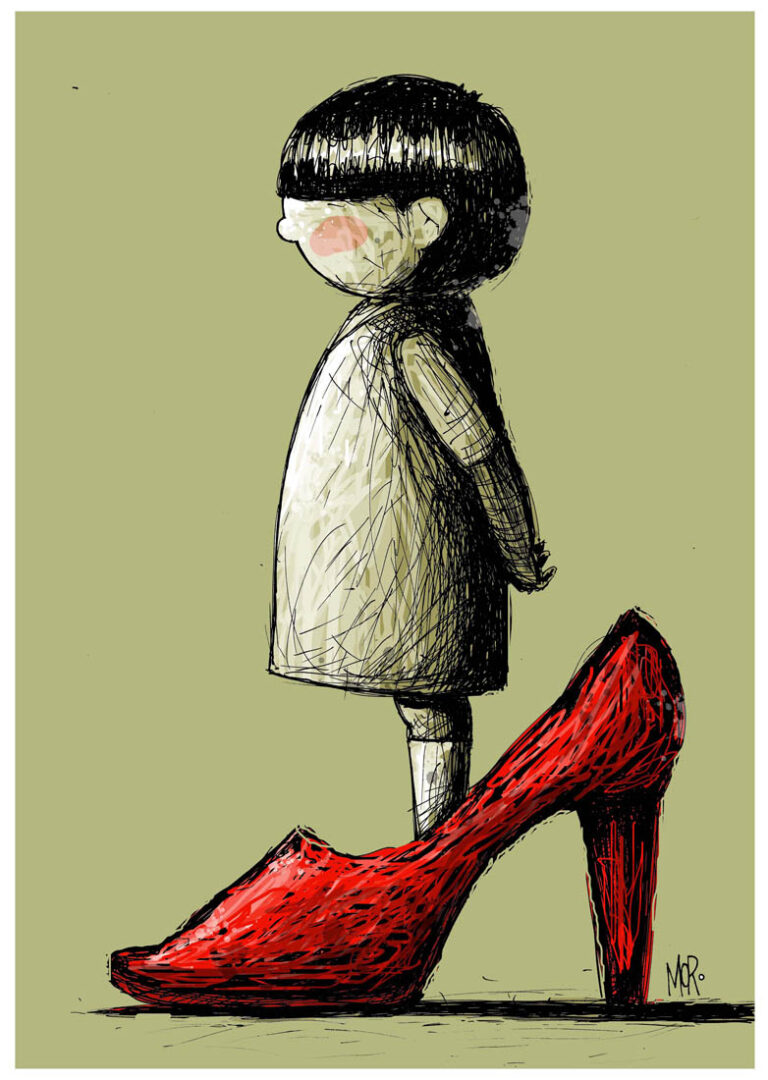 Niña dentro de zapato enorme. Illustration: Michel Moro.
