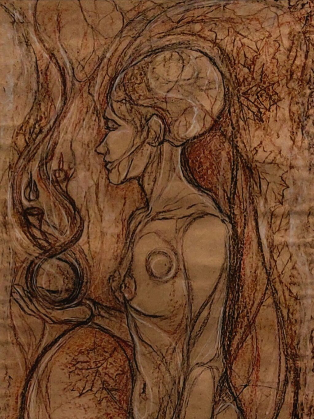 Jenny Hernández Carbó: La dádiva (fragmento). Dibujo sobre papel kraft. 160 x 40.5 cm