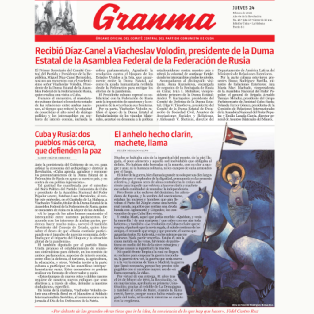 Portada de "Granma", periódico oficial del Partido Comunista Cubano, el 24 de febrero de 2022. 