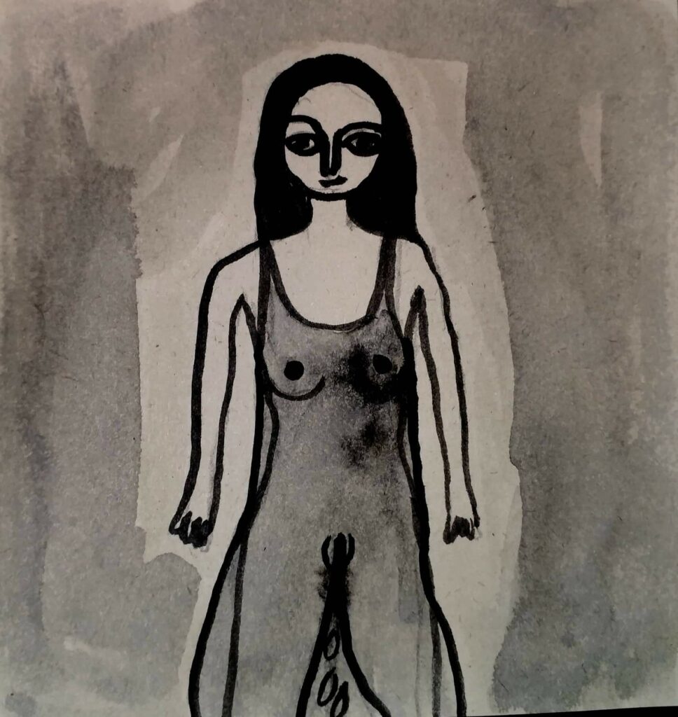 Mujer orinando (dibujo alegórico a la obra de teatro referida en el texto).