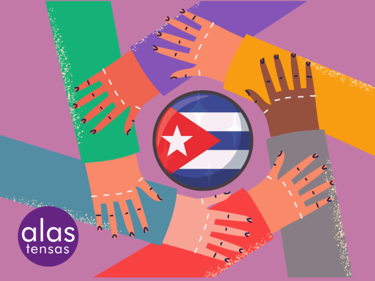 Manos diversas unidas alrededor de la bandera cubana.