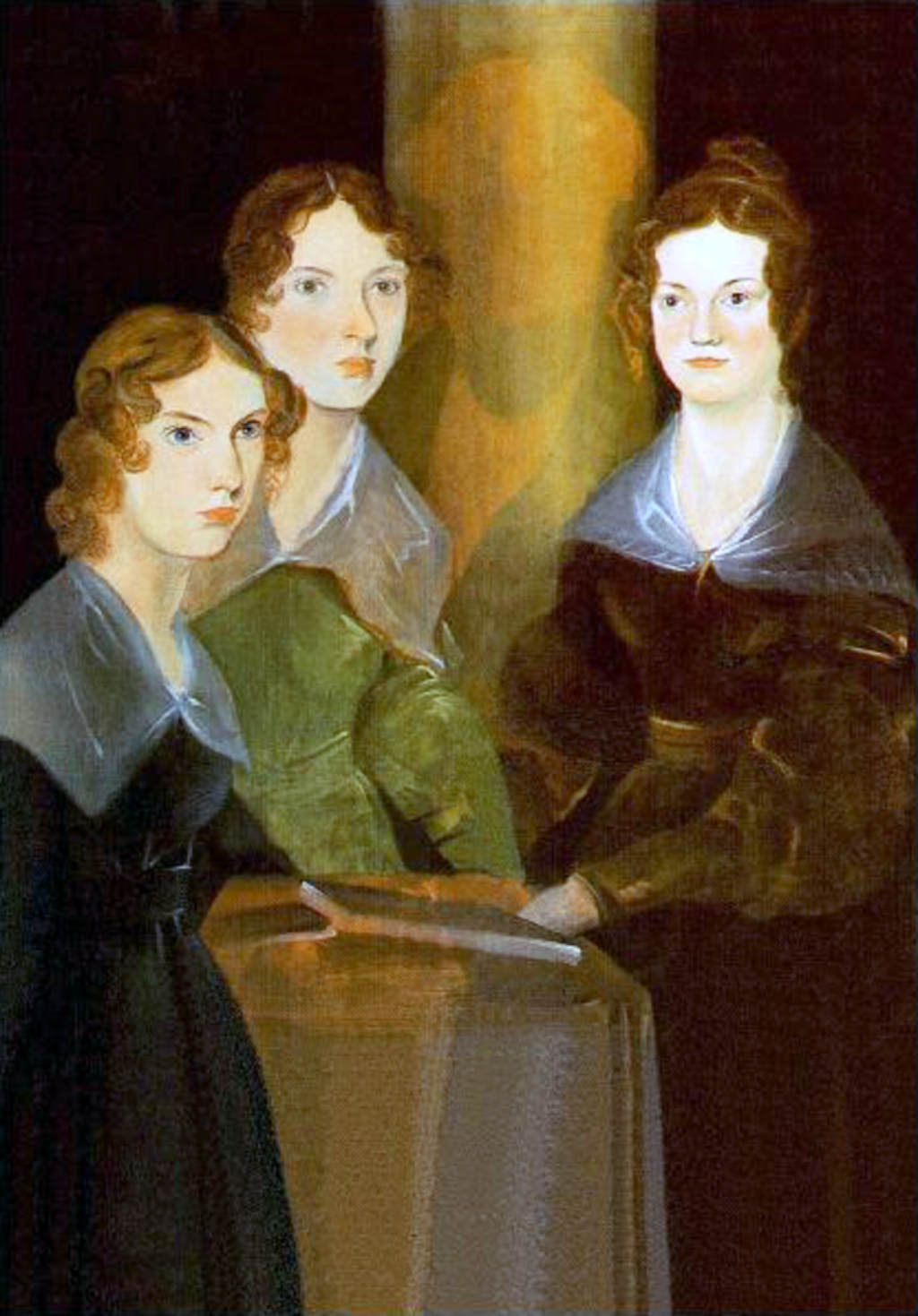 Retrato de las hermanas Brontë: Anna, Emily y Charlotte, realizado por su hermano Branwell en 1834. El pintor se borró, aparece como un halo entre Emily y Charlotte.
