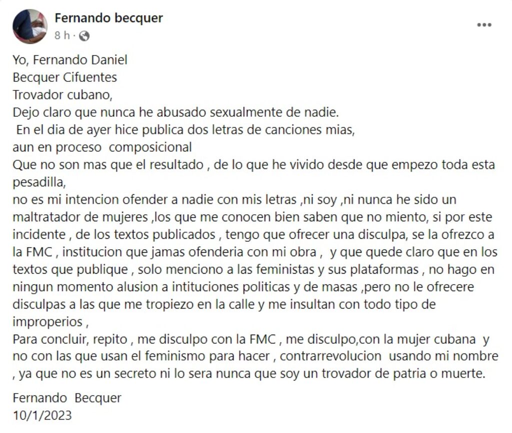 Captura de post de Facebook de Bécquer pidiendo disculpas a la FMC