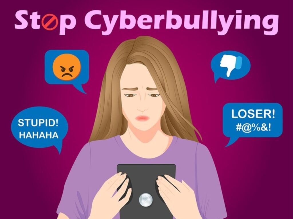 "Stop Ciberbullying": ilustración de una persona acosada a través de Internet. 
