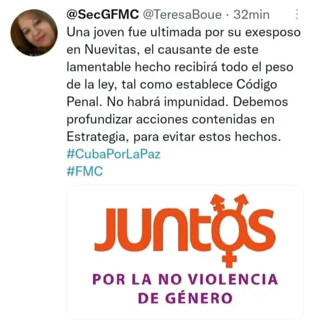 Publicación de la secretaria general de la Federación de Mujeres cubanas, Teresa Amarelle Boué a propósito de la confirmación de un feminicidio.