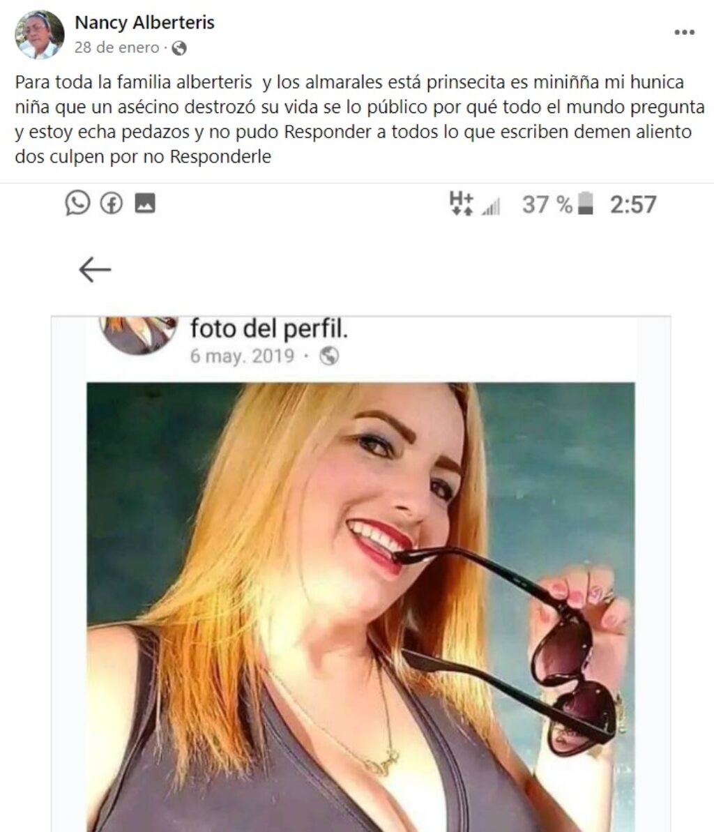 Post de Facebook de la mamá de una cubana asesinada