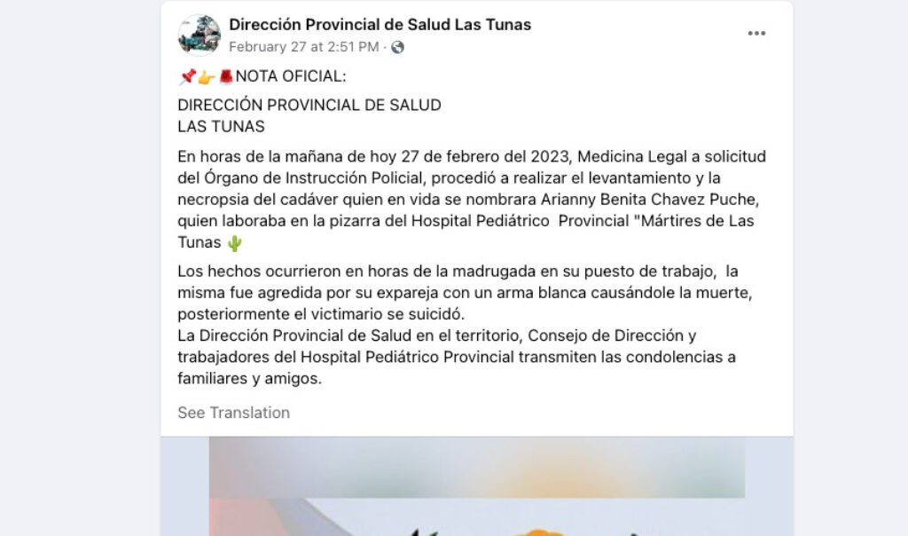 Nota oficial de la Dirección Provincial de Salud de Las Tunas, confirmando uno de los feminicidios acontecidos en los últimos días.