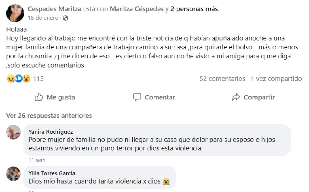 Post de internauta sobre feminicidio de Ana Rosa