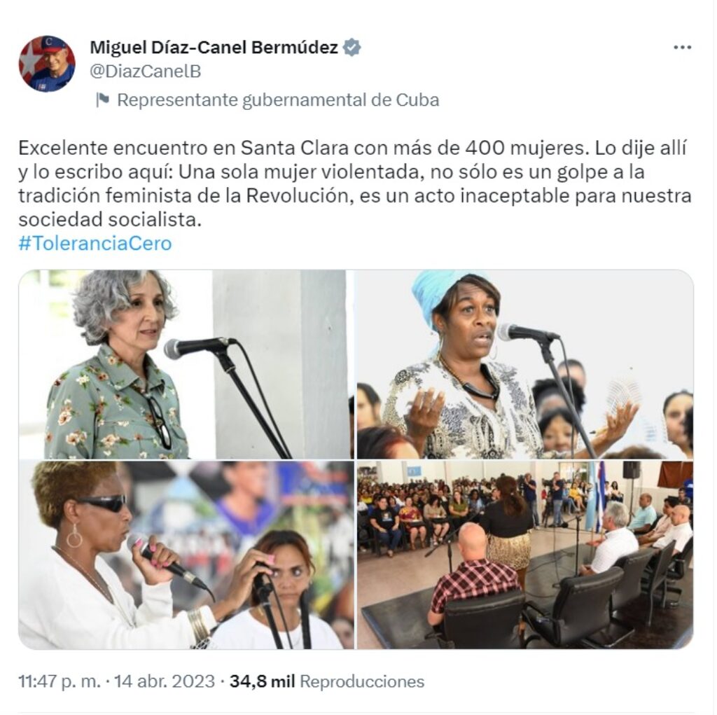 Twit de Diaz Canel sobre violencia de genero
