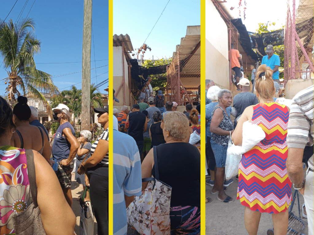Collage muestra tres imágenes de colas para obtener alimentos en Cuba.