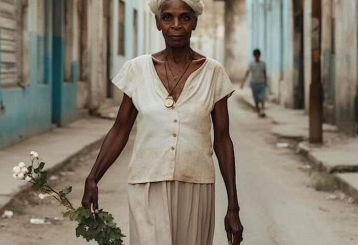 Mujer negra vestida de blanco, caminando por calle de La Habana y con ramo de flores blancas en la mano derecha.