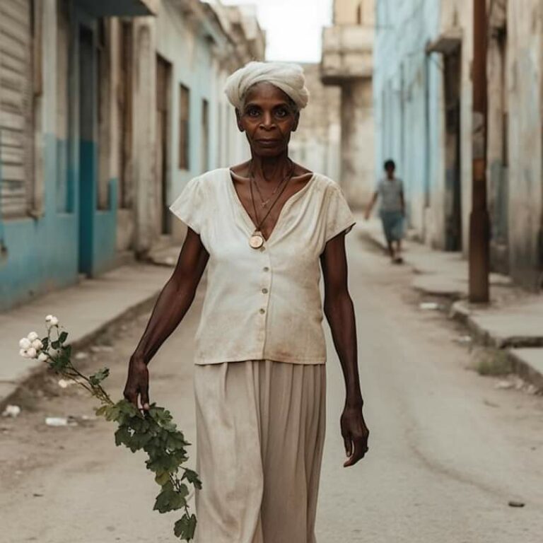 Mujer negra vestida de blanco, caminando por calle de La Habana y con ramo de flores blancas en la mano derecha.