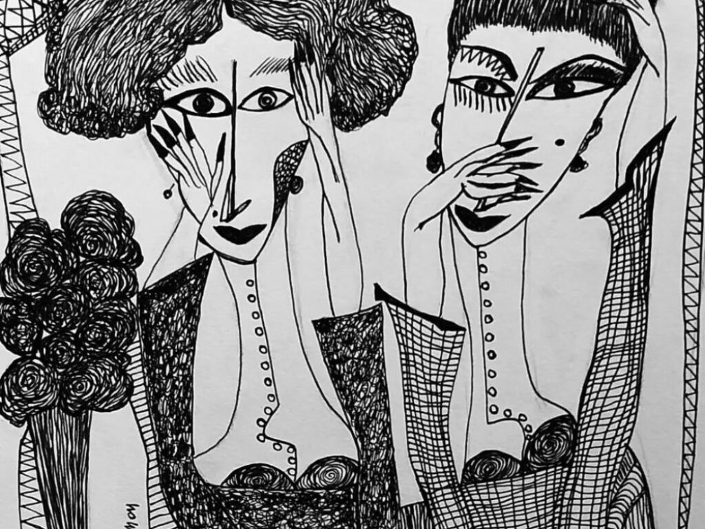 dibujo de dos mujeres del pintor ecuatoriano Cristóbal González Guzmán