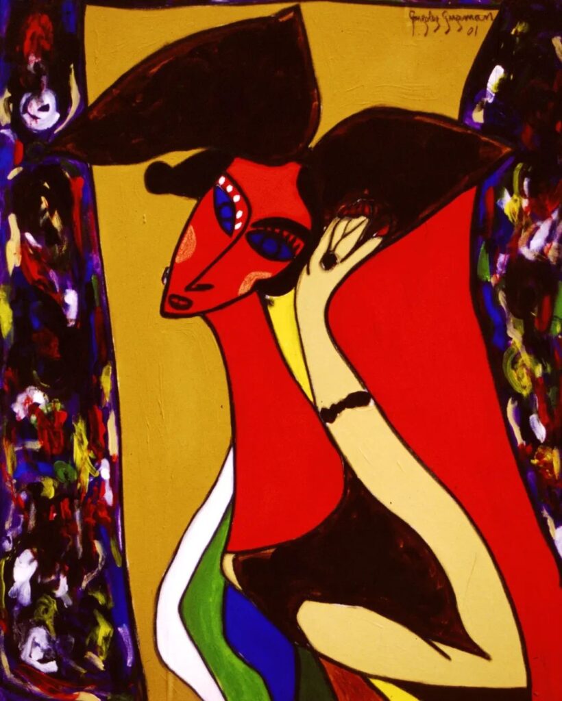 pintura de mujer roja con lazos en la cabeza por cristobal gonzalez 