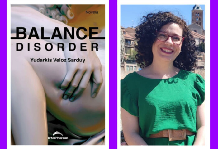 La escritora cubana Yudarkis Veloz Sarduy y cubierta de su novela "Balance Disorder".