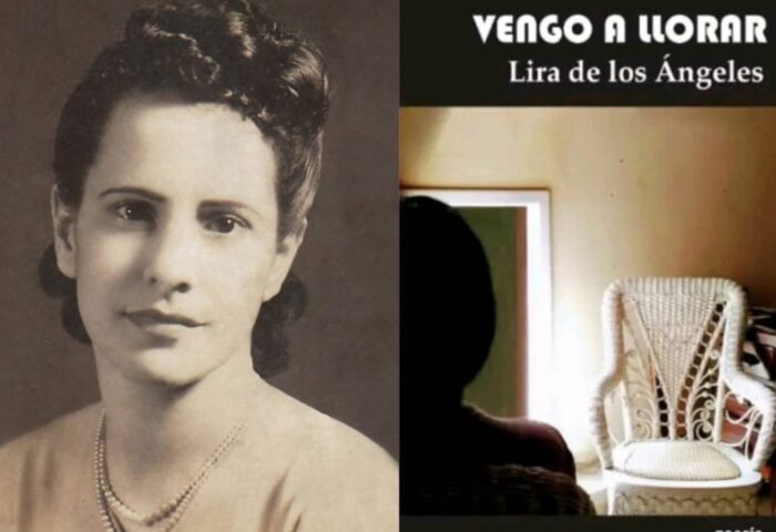 Retrato de Lira de los Ángeles y portada de su poemario "Vengo a llorar".