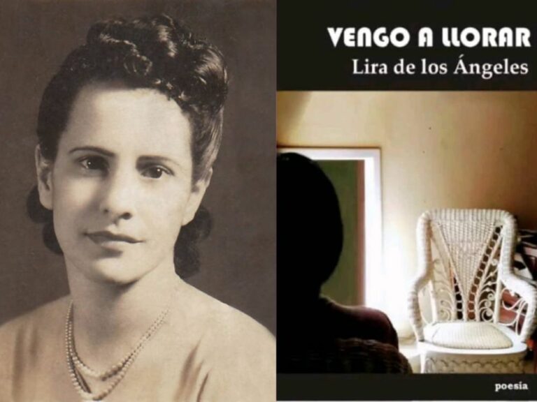 Retrato de Lira de los Ángeles y portada de su poemario "Vengo a llorar".