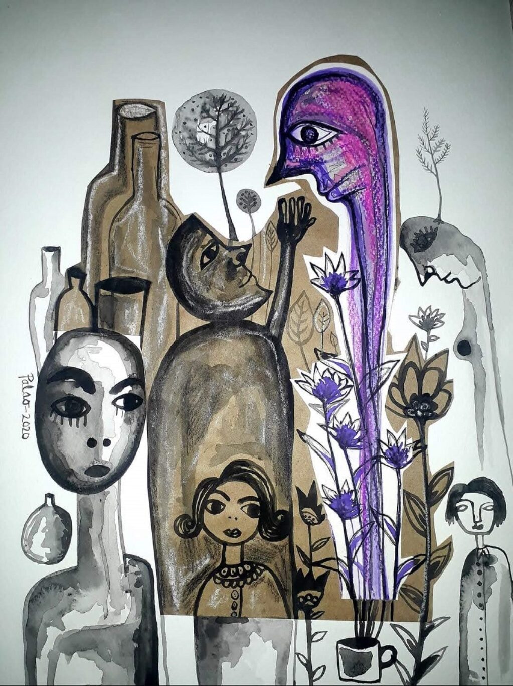 Dibujo de Yanier H. Palao, varias personas junto a varios objetos. Familias.