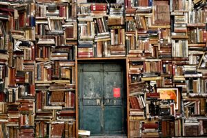 puerta rodeada de libros por toda la pared