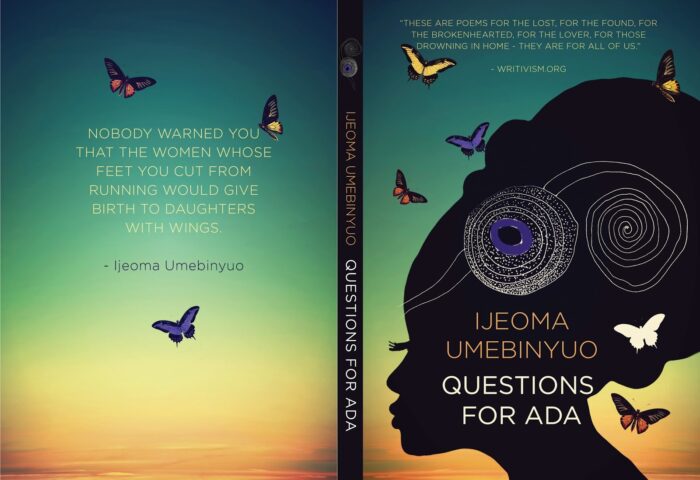 Cubierta del libro de poesía "Preguntas para Ada" de la poeta nigeriana Ijeoma Umebinyuo. Se ve un perfil de mujer africana y varias mariposas revoloteando sobre un fondo de cielo en ocaso