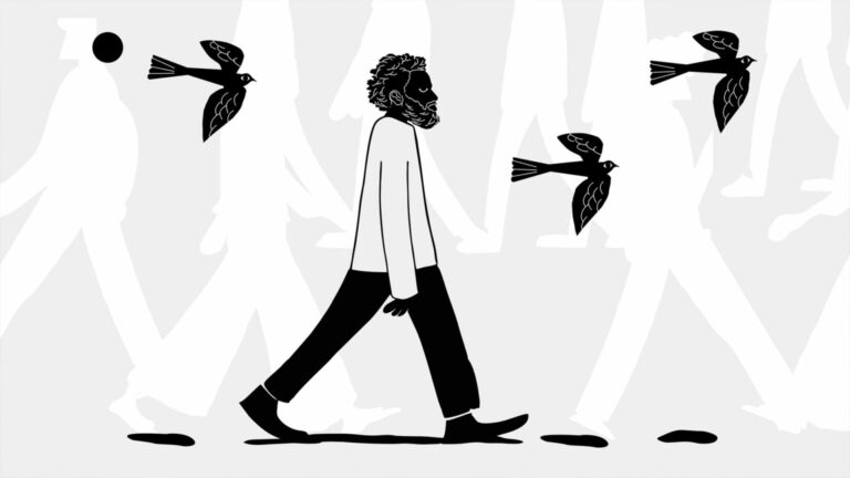 Ilustración en blanco y negro que alude al racismo. Un hombre negro camina con varias sombras de personas blancas caminan en segundo plano.