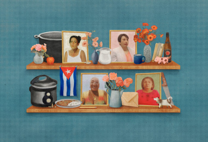 Ilustración de altar con fotos de las cuatro protagonistas de este texto y otros elementos alusivos a la realidad diaria de una mujer cubana