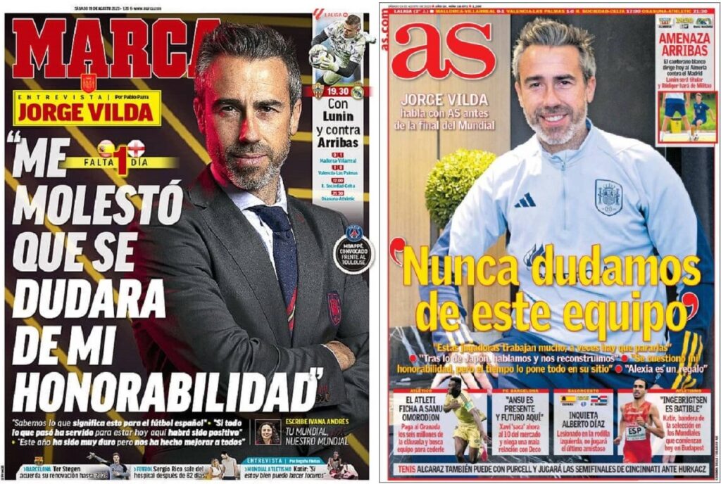 Portadas de los dos periódicos deportivos más leídos en la nación ibérica (Marca y AS) en las que posa Jorge Vilda, el seleccionador nacional y director técnico de La Roja.