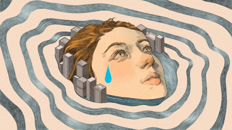 ilustración donde puede verse rostro de chica o chico con una lágrima, hundiéndose en medio de una ciudad