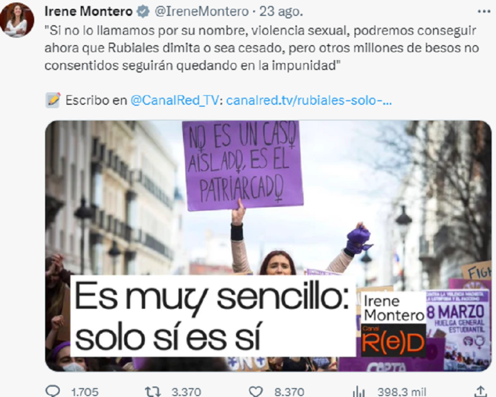 Twit de la Ministra de Igualdad en España Irene Montero: con imagen de mujer que dice: solo sí es sí