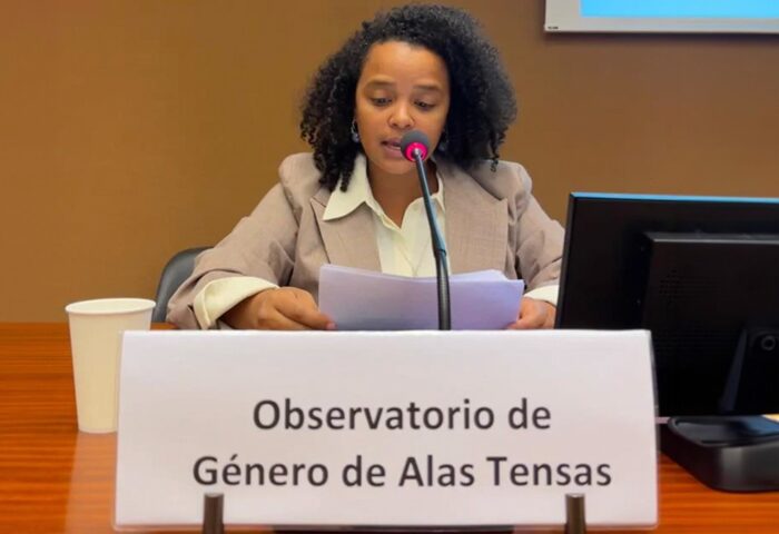 Fotografía De Yanelys Núñez Leyva coordinadora del Observatorio de Género de Alas Tensas (OGAT), en su presentación del informe de OGAT en las pre-sesiones del Examen Periódico Universal.