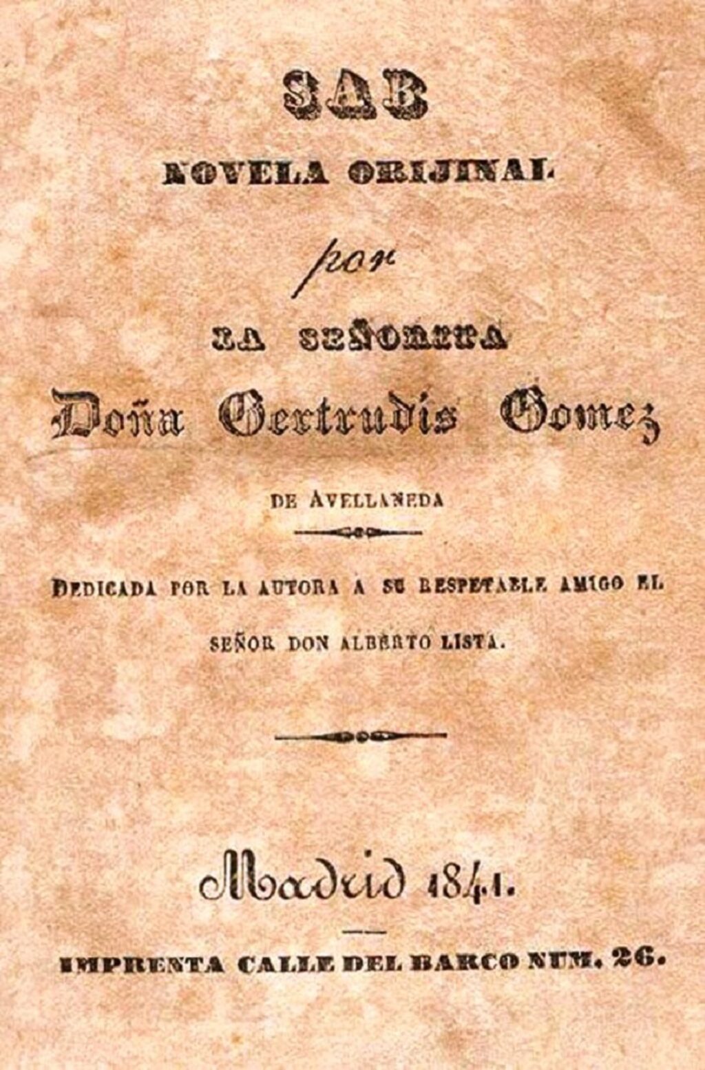 Portada de edición príncipe de "Sab", novela de Gertrudis Gómez de Abellaneda. Madrid, 1841.