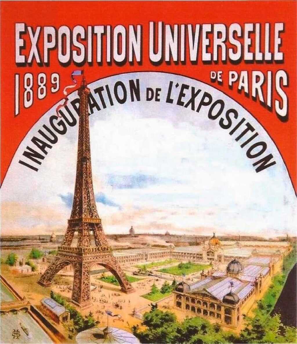 Cartel de la Exposición Universal de París de 1889 acerca de la que Aurelia Castillo escribe una crónica. En el centro puede verse la Torre Eiffel.