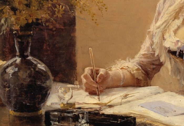 Detalle de "Lady escribiendo una carta" óleo sobre panel de Albert Edelfelt, donde puede verse una mano femenina con una pluma de metal escribiendo sobre una hoja de papel.