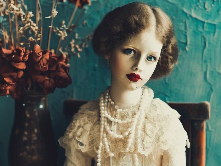 imagen donde puede verse a una niña que parece una muñeca vestida con traje de encaje y collar de perlas