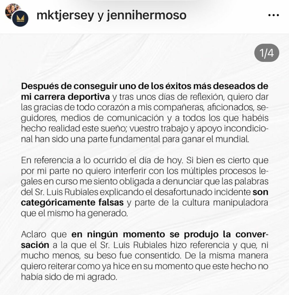 Captura de pantalla del Post de Jennifer Hermoso en Instagram donde denuncia como categóricamente falsas las palabras de Rubiales. 