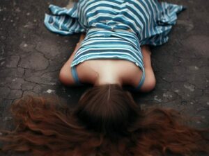 imagen de muchacha bocabajo, sobre pavimento en alusión al suicidio