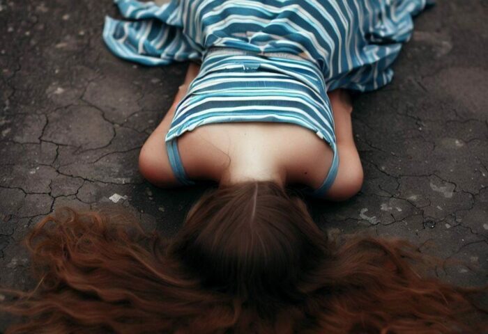 imagen de muchacha bocabajo, sobre pavimento en alusión al suicidio