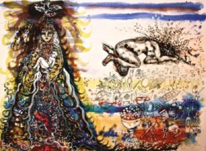 cuadro de Zaida del Río en el que representa a la Virgen de la Caridad del Cobre y los colores de la bandera cubana