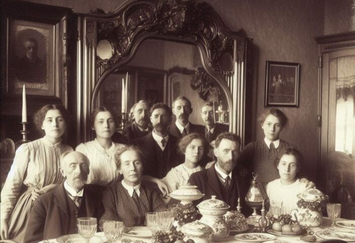 foto antigua de reunión en familia frente a un espejo