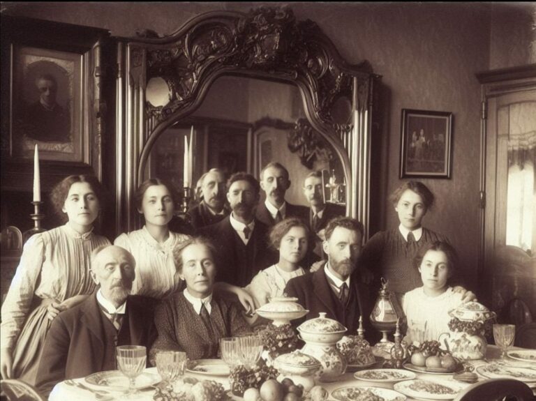 foto antigua de reunión en familia frente a un espejo
