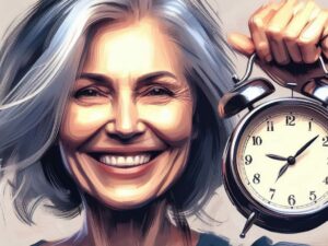 imagen de mujer sosteniendo un reloj, feliz, en alusión a que se puede vivir una menopausia empoderada.