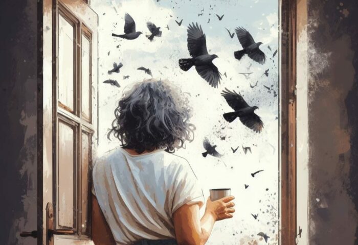 Imagen de una mujer canosa de pelo rizado mirando a través de una ventana una bandada de pájaros negros. Ilustra el cuento Nada que decir, de Enid Vian.