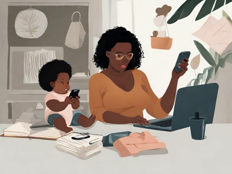 Mujer negra trabajando junto a su bebé
