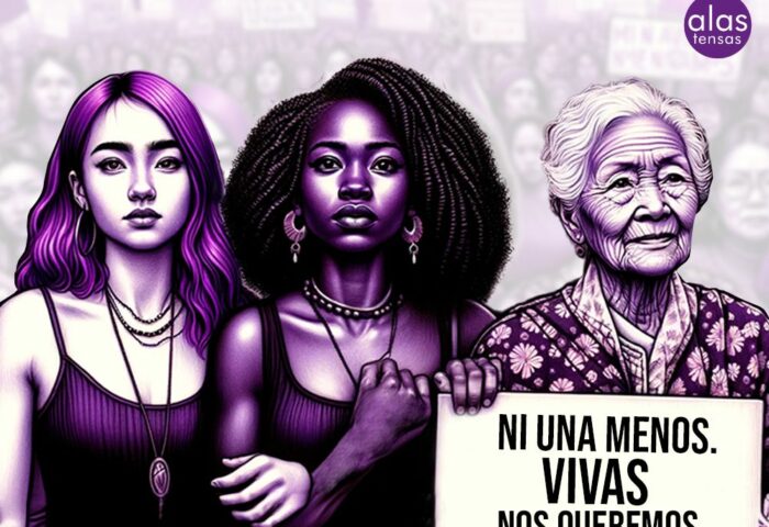 Imagen de tres mujeres de distintas edades y razas portando un cartel donde pone ni una menos, vivas nos queremos, en alusión a las víctimas de feminicidio.