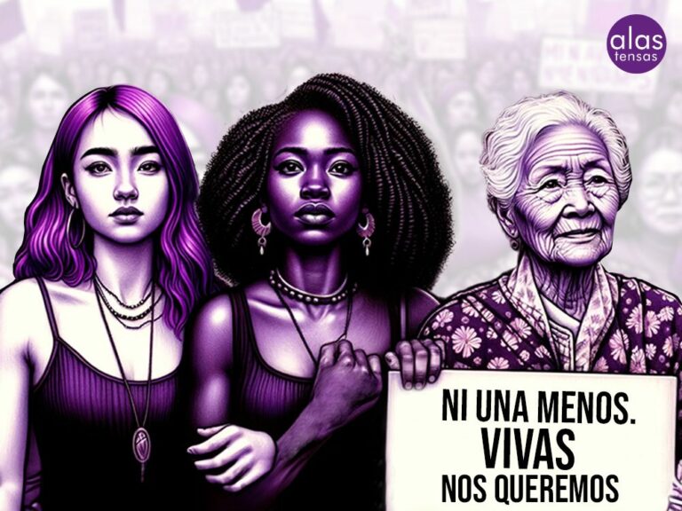 Imagen de tres mujeres de distintas edades y razas portando un cartel donde pone ni una menos, vivas nos queremos, en alusión a las víctimas de feminicidio.