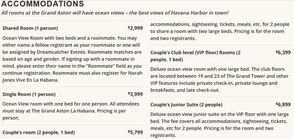 Ofertas de paquetes para “Norah Jones vive en La Habana”. Tomado del sitio que promociona el evento.