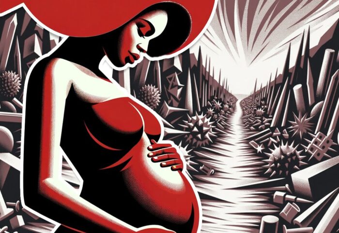 Mujer embarazada frente a elementos punzantes y peligrosos en alusión al feminicidio gineco-obtétrico.