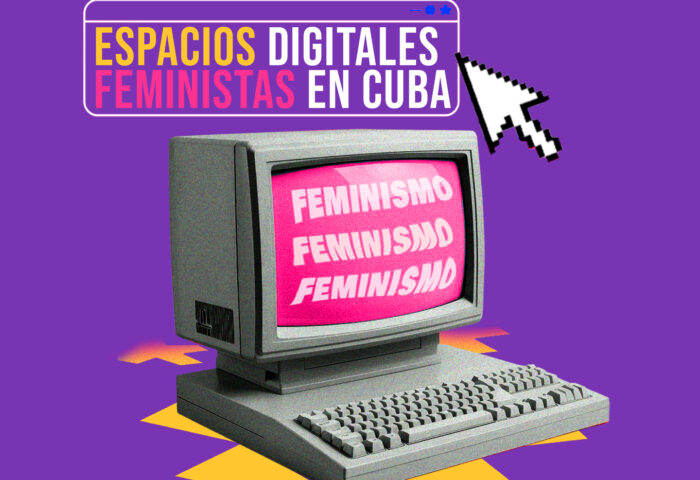 Ilustración dnde puede verse un monitor de computadora que pone feminismo y encima hay una cartel que pone Espacios digitales feministas en Cuba.